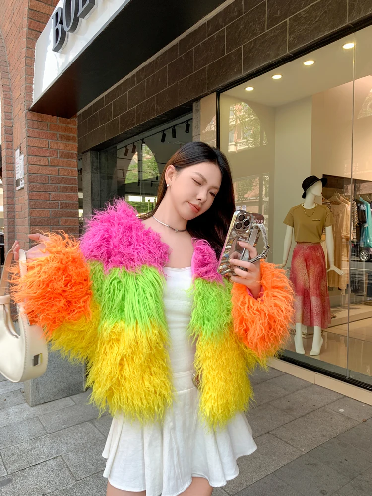 Original Design Colourful Faux Fur Coat Female Furry Jacket Lady Shaggy Outerwear Women's Winter Coats Factory Direct Sales