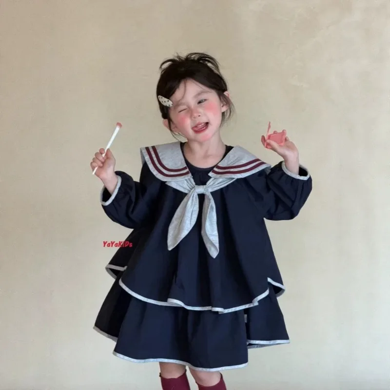 Girls' Dress 2026 Autumn New Item Children's Korean Navy Collar Embroidered Big Lapel College Style Long Sleeved Skirt
