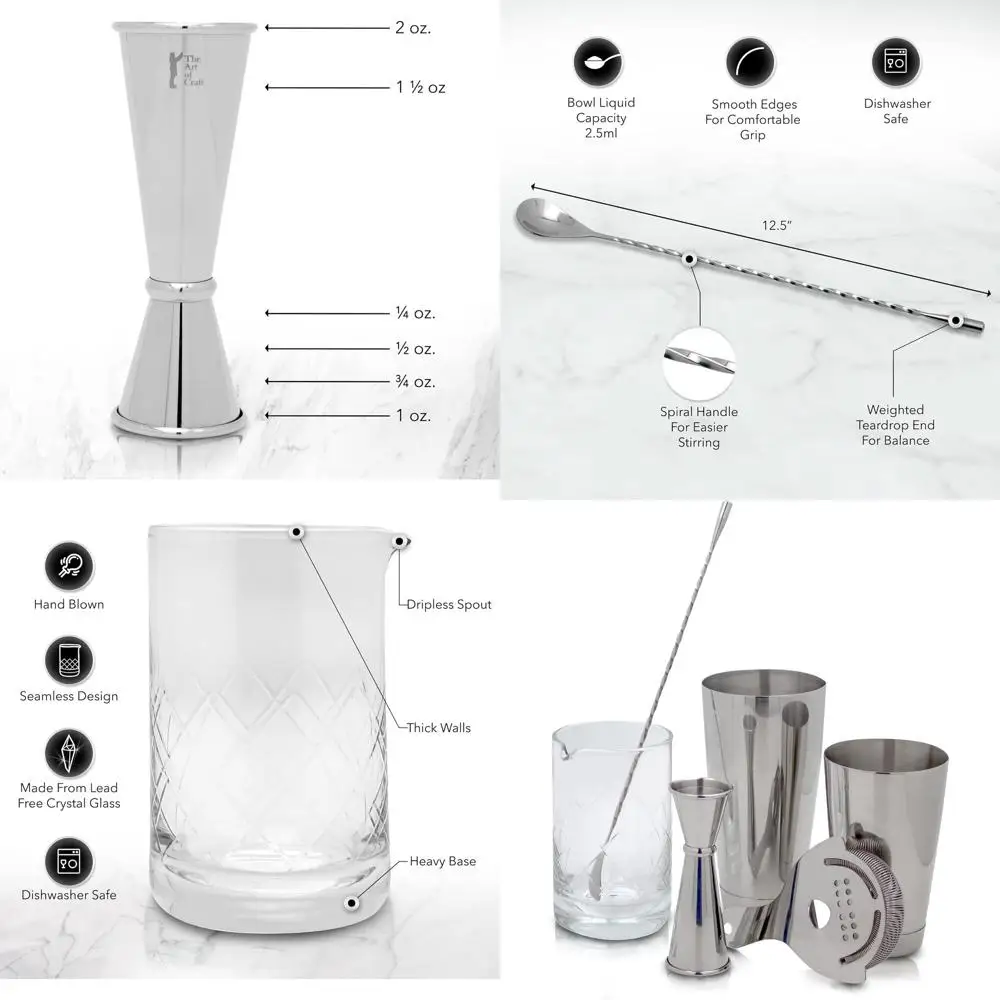 

Essential Mixology Kit: Бостонский шейкер, ситечко, джиггер, ложка и хрустальное стекло для идеальных коктейлей