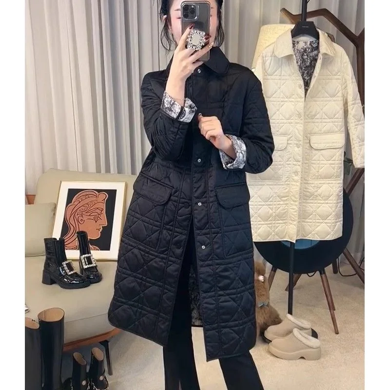 

Модное черное стеганое хлопковое пальто в корейском стиле с отложным воротником, длинными рукавами, средней длины, с узором, в стиле «Маленькая Франция»