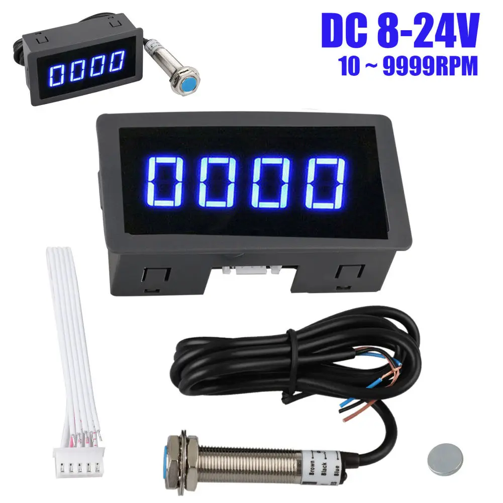 4 Digital LED Digital Tachometer Gauge DC8-24V Digital Motor Tachometer With Hall Proximity Switch Sensor 10-9999RPM RPM Speed