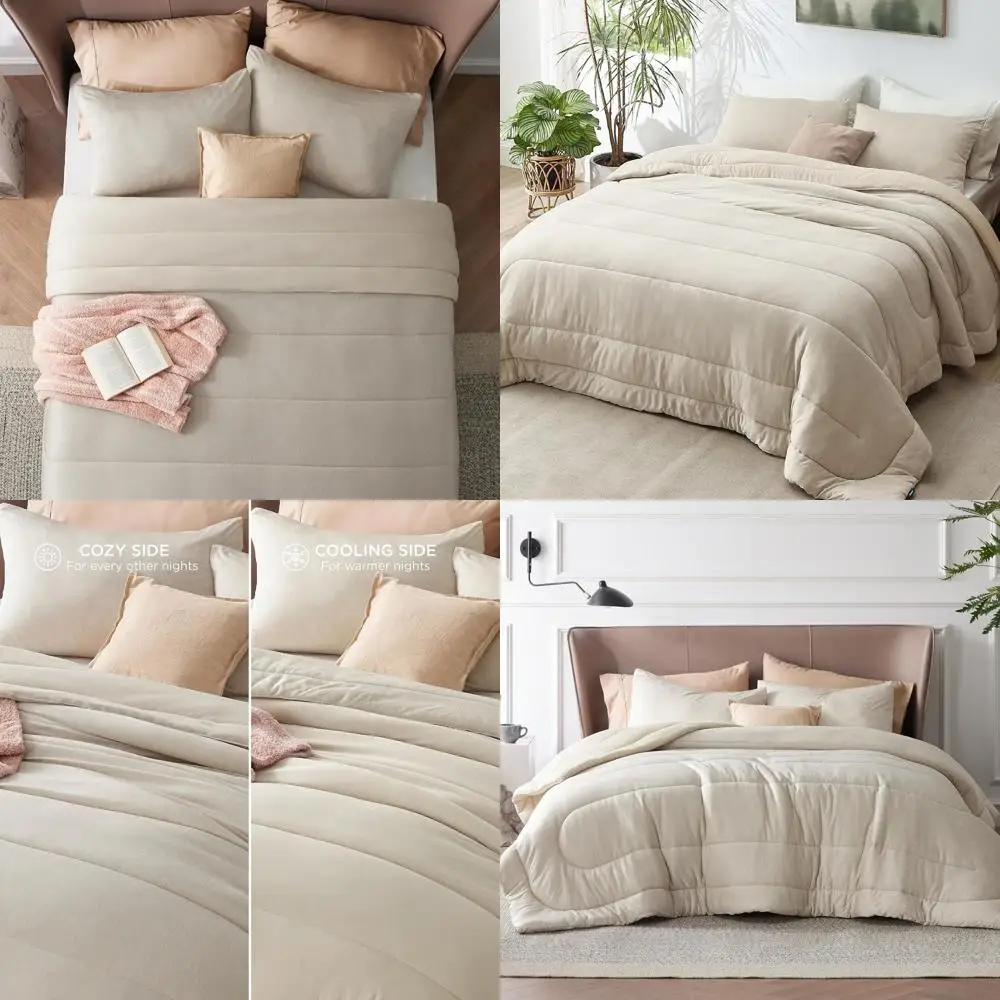 

Двусторонний льняной комплект постельного белья - 3 предмета: охлаждающее и согревающее одеяло размера Queen с наволочками