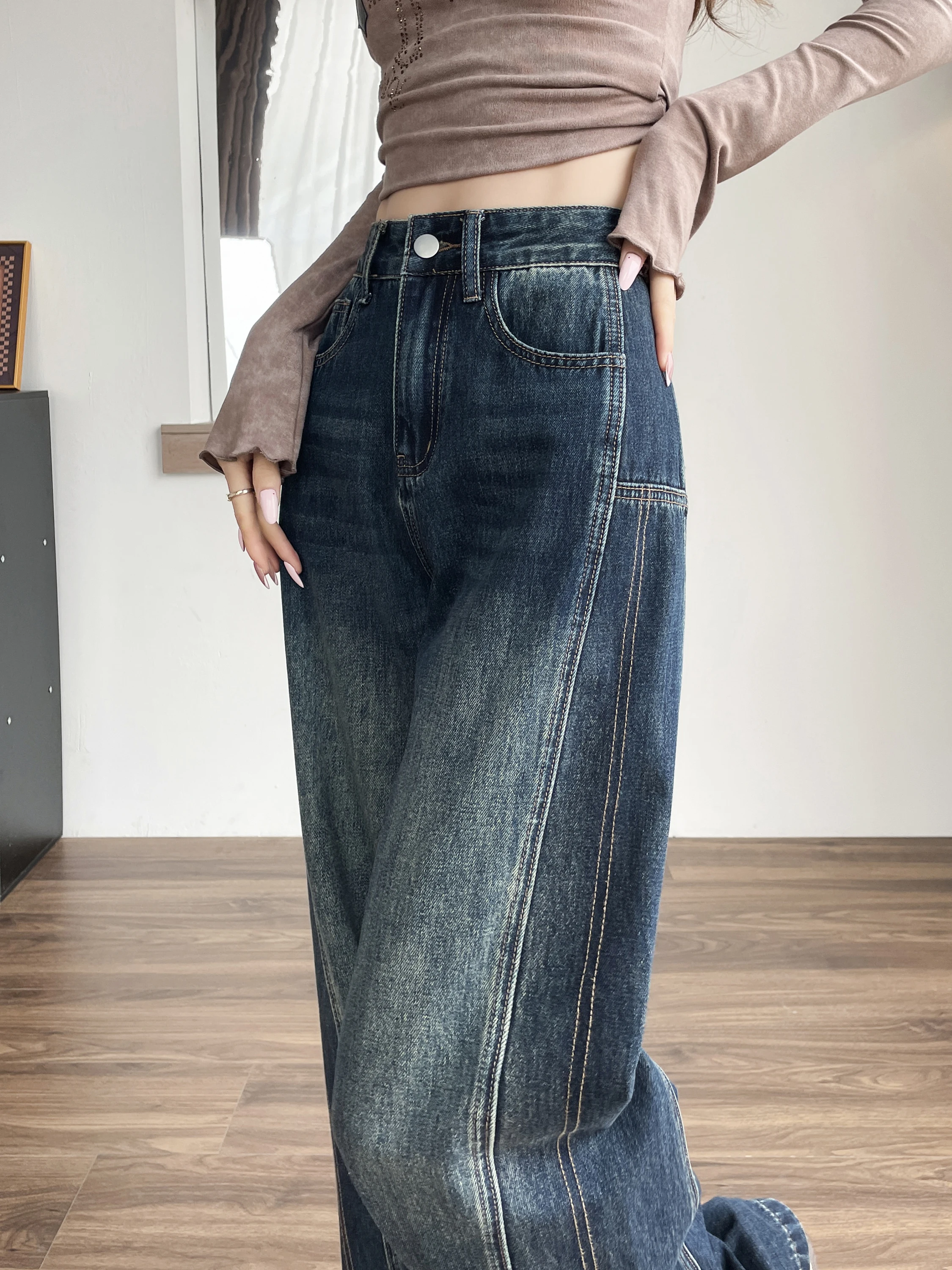 Thiened Fce ハイウエストベルボトムジーンズ女性冬新作スレブルーウェッドデニムルーズロングパンツ通勤ファション