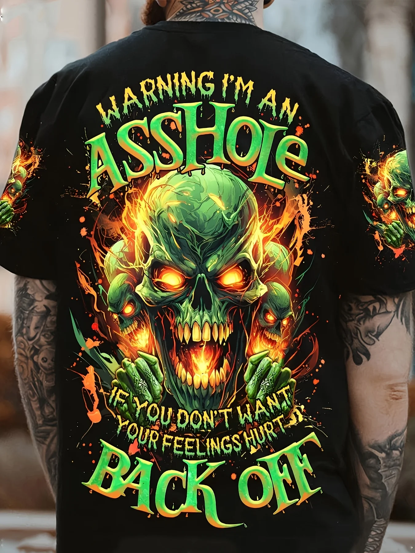 

Men's skull pattern printed T-shirt - bold 'Warning: I'm a bastard' design, 3D digital printing, short-sleeved round collar