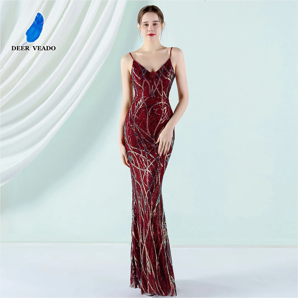 

DEERVEADO Mermaid V Neck Sequined Evening Dresses for Woman Elegant Party Maxi Dresses Formal Dress Evening Gown