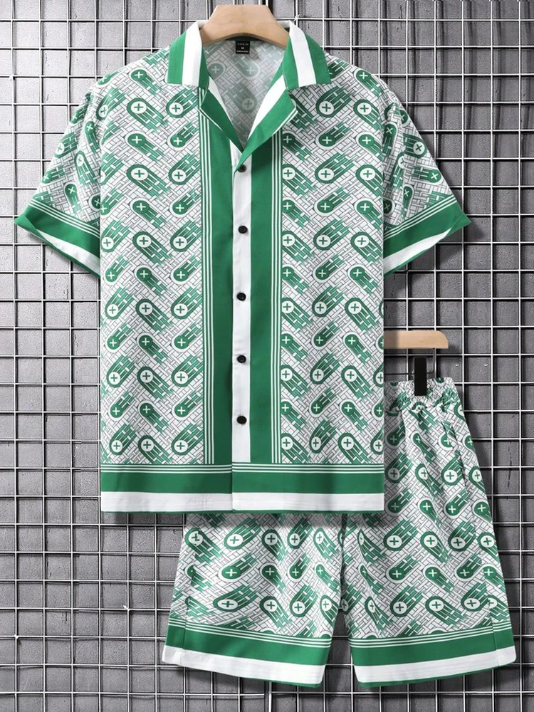 قميص مجموعة الرجال الصيف ثلاثية الأبعاد قميص مطبوع ومجموعة تي شيرتات قصيرة للأطفال الرجال والنساء موضة عادية جديدة بسيطة التلبيب قميص هاواي صيفي