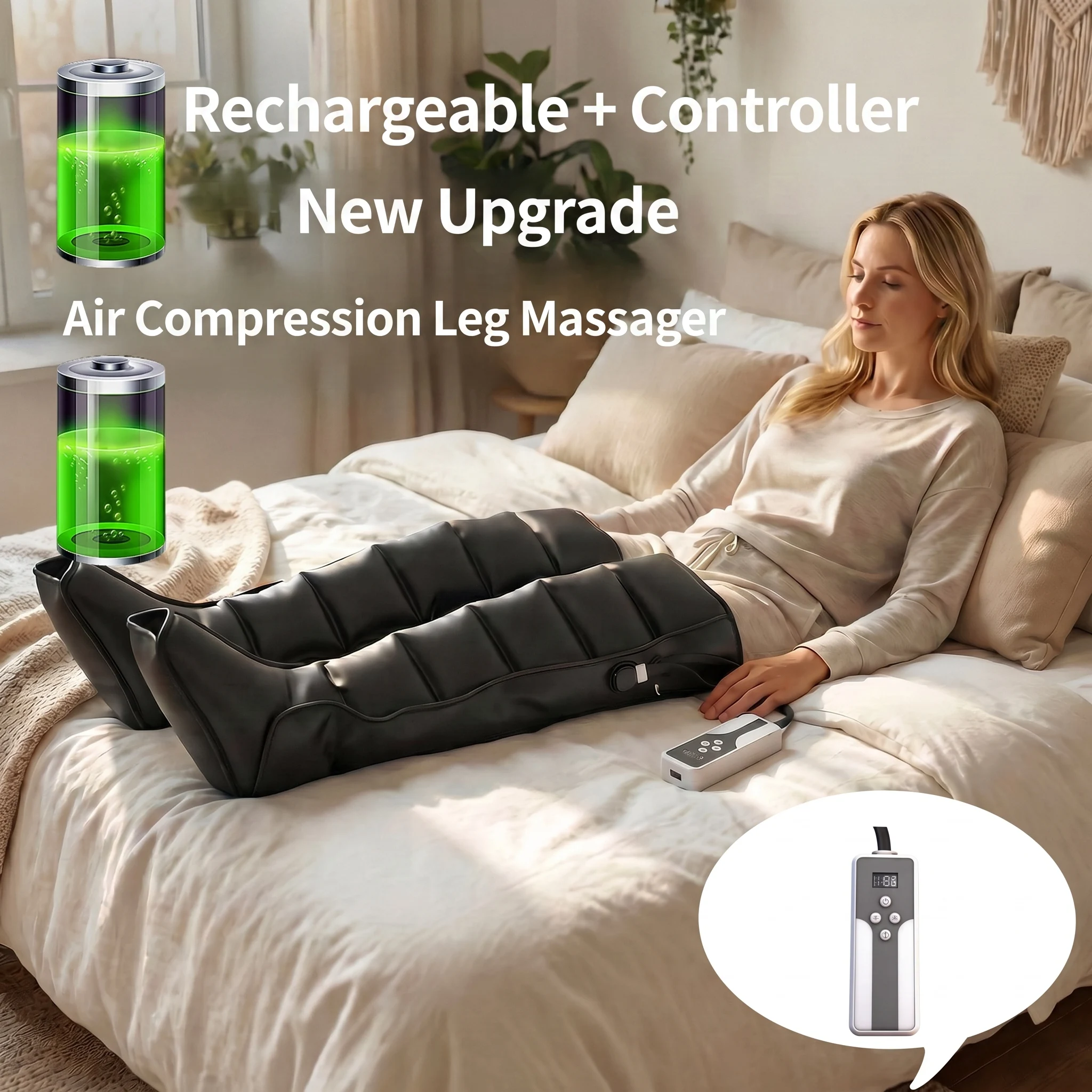 Massageador de Pernas Profissional com Compressão e Carregamento Sem Fio, com Manga de Algodão, Ideal para Recuperação Pós-Exercício