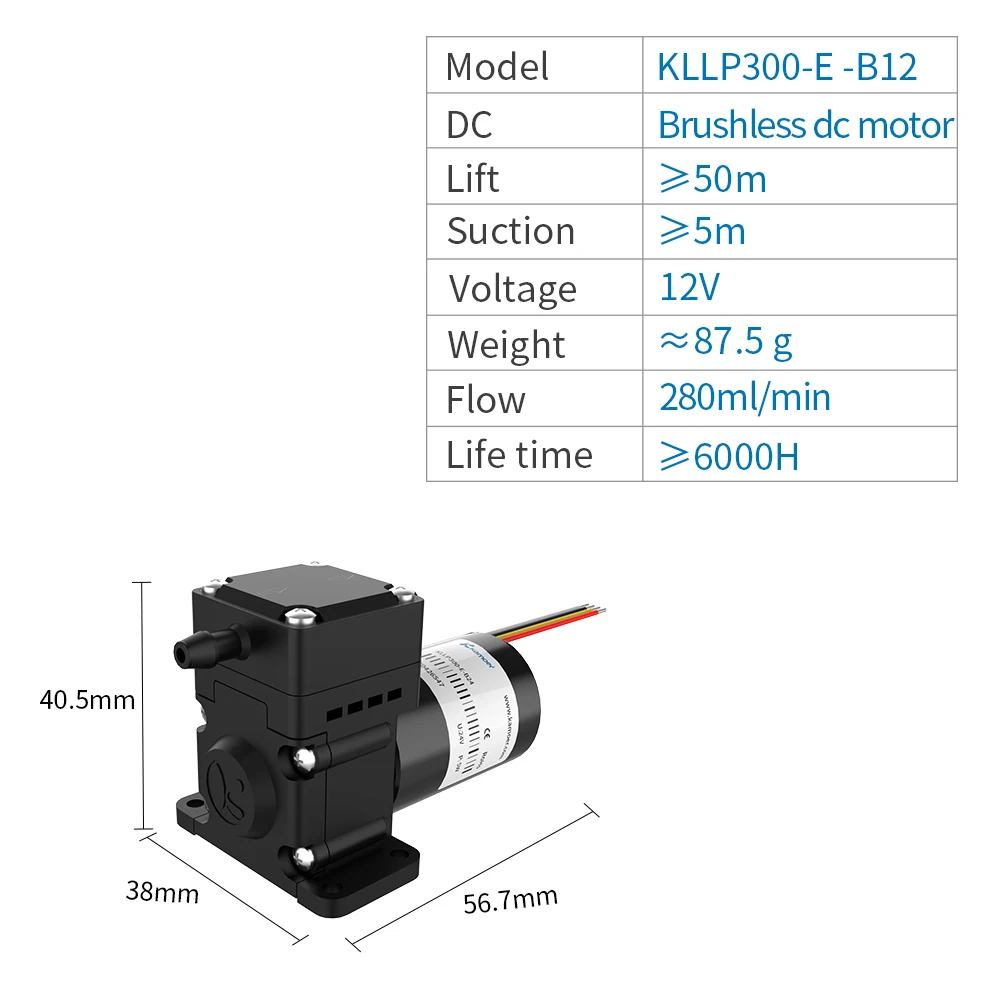 Imagem -05 - Bomba Líquida de Diafragma de Baixo Fluxo Kamoer Kllp300 Motor dc Brushless 6000h Sucção Lift 5m com Diafragma Epdm 12v 24v 6000h