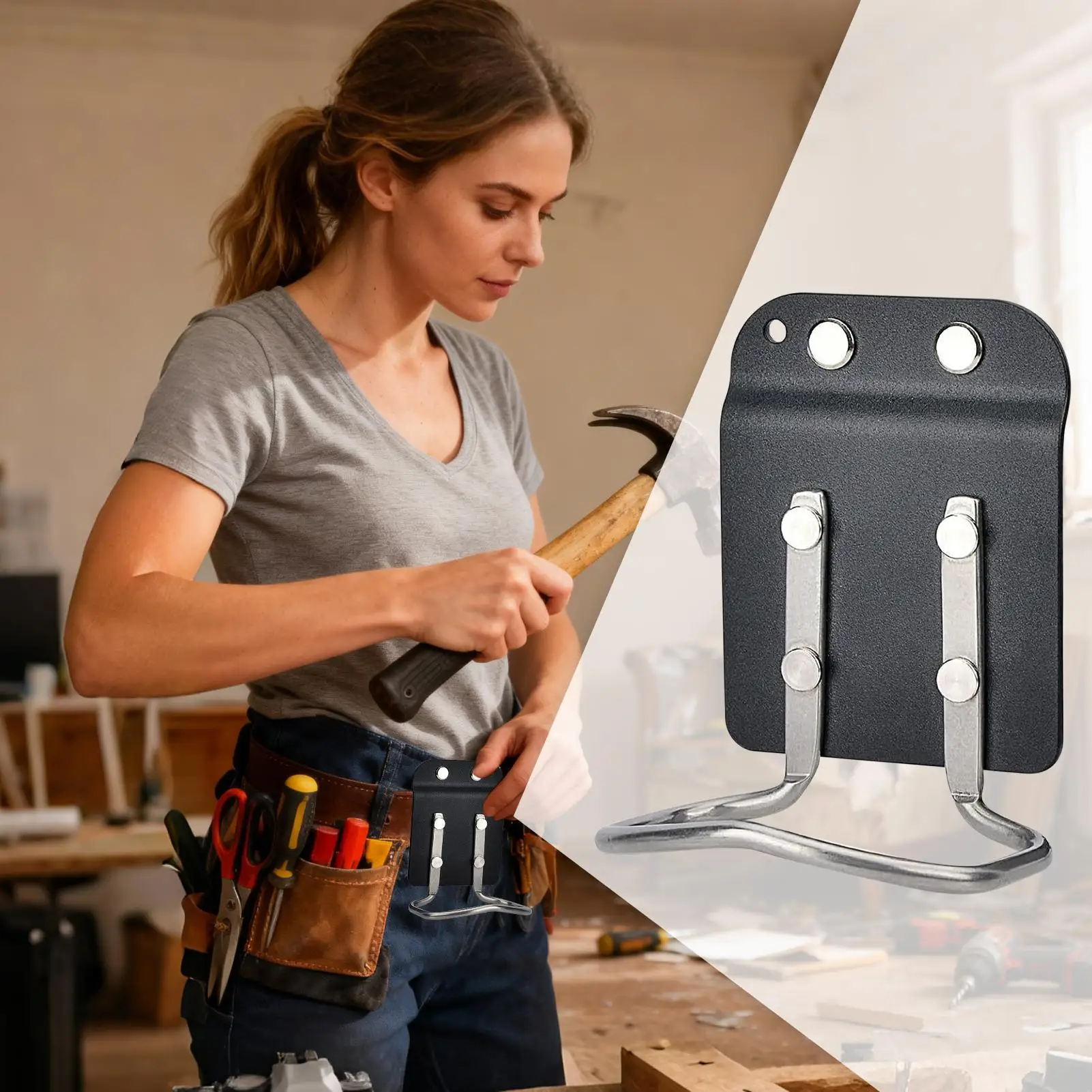 حافظة مطرقة، حامل مطرقة حزام عالي التحمل مع مشبك معدني قوي للبناء والتركيب والنجارة والعمل الخارجي #5