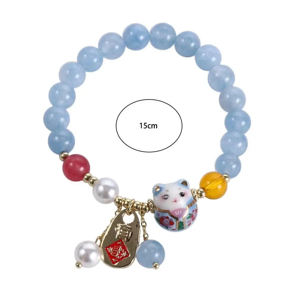 Fortune Cat Blue Maneki Neko Lucky Cat Pendant Crystal Female Hand Chain Stone Bracelets Korean Style Bracelets Bead Bracelets