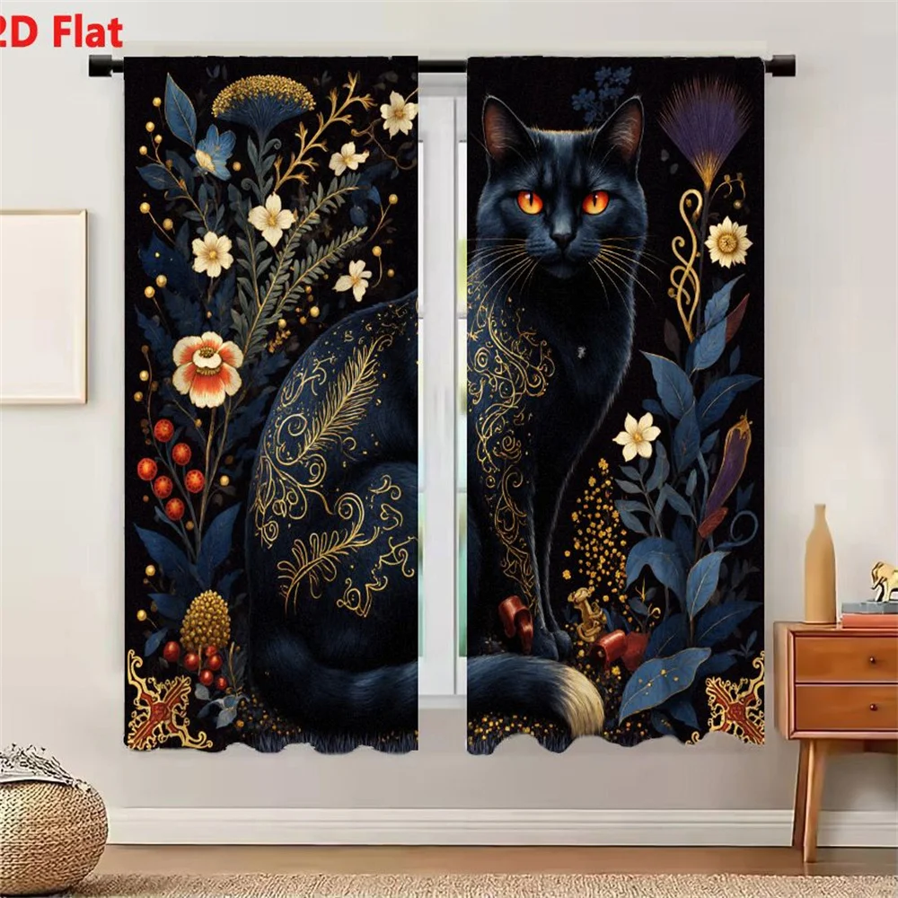 2Pcs Curtains 2D Flat Black Cat With Orange Eyes Ornate Golden Filigree Floral Motifs Dark Background Daisy Pinkish Orange Flowe