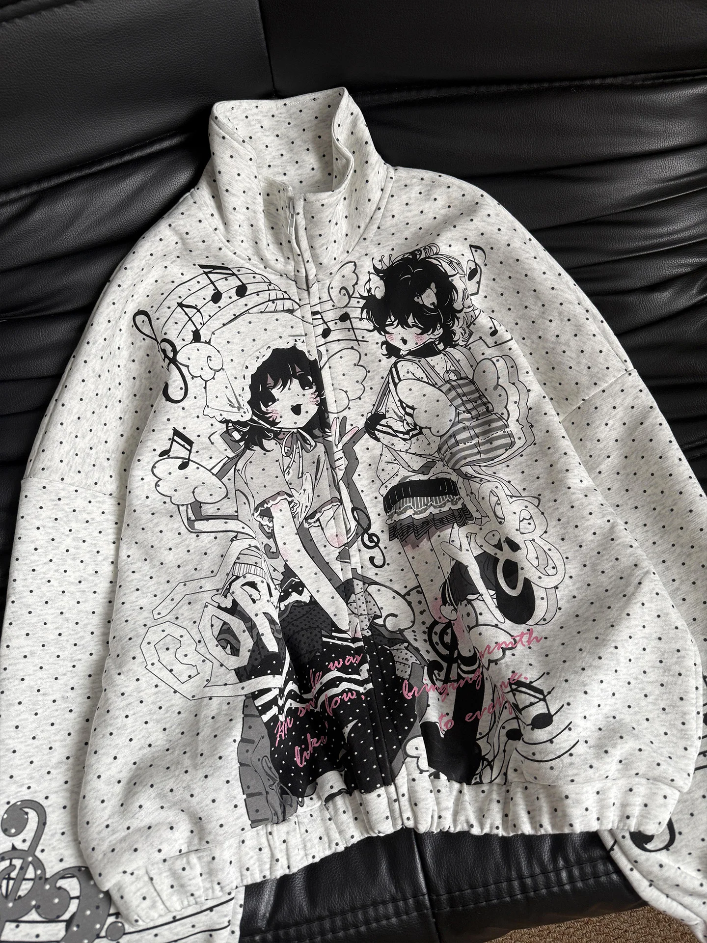 Lazy Girl Spring Autumn Loose Fit Hoodie Note Print Stand Collar Women's Y2K Cardigan Jacket Cartoon Style Long Sleeve