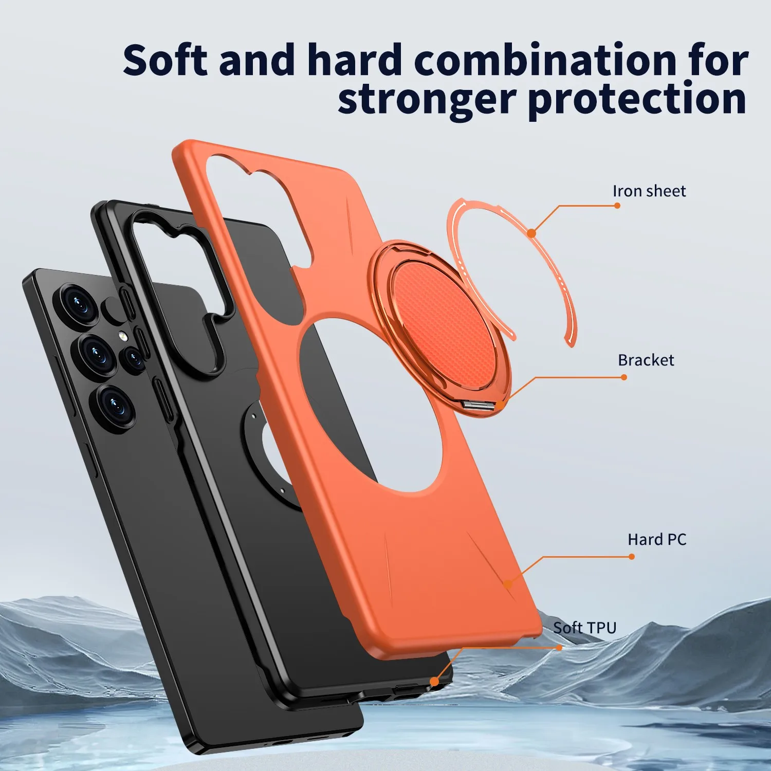 삼성 갤럭시 S25 엣지 울트라 S24 FE S23 A14용 러기드 마그네틱 폰 케이스 링, 맥세이프 하드 커버용 링 홀더 스탠드