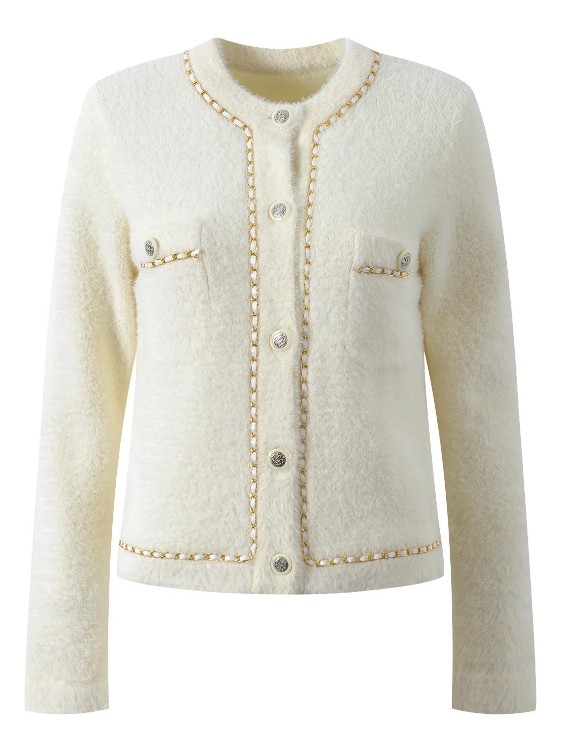 

Fall 2025 New Style French Lady Fashion Soft Knitted round Neck Cardigan Chain Decoration Long Sleeve Women's Knitted Top