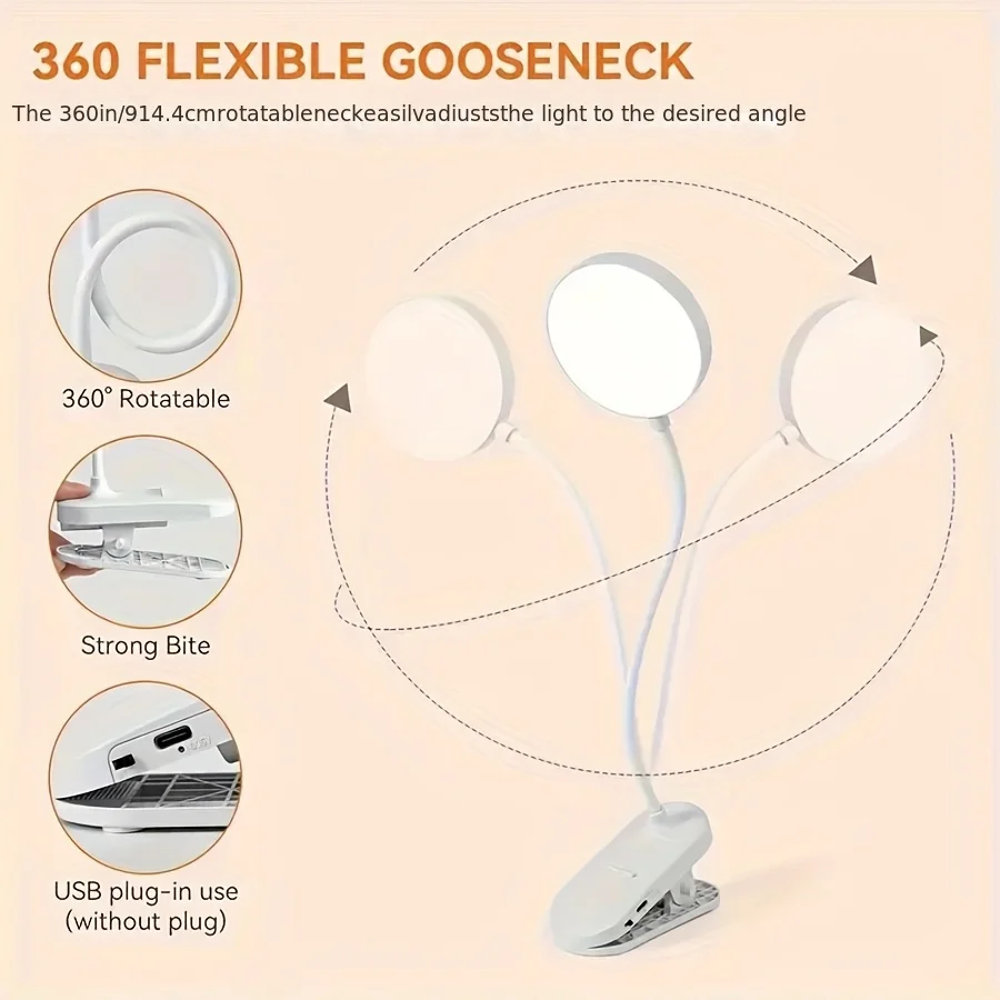 مصباح طاولة USB مصباح مكتبي قابل لإعادة الشحن مع مشبك سرير قراءة كتاب ضوء ليلي LED يعمل باللمس 3 أوضاع يعتم ضوء حماية العين