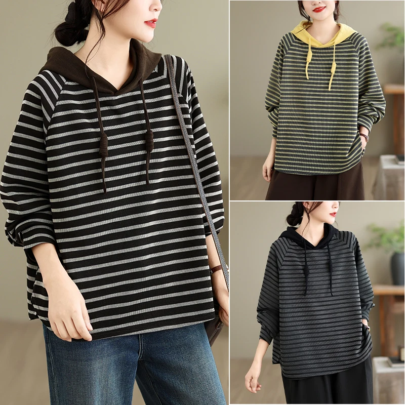 YZJNH 2026 autumn new hooded sweatshirt women's Korean version loose striped hooded sweatshirt casual plus size top women