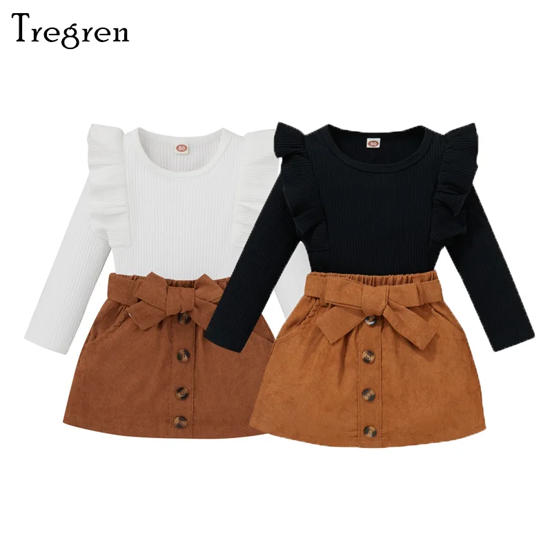 

Tregren Fashion Kids Girls Clothes Sets Solid Round Neck Ruffle Long Sleeve Tops + Bowknot Waistband Skirt Fall Winter Outfits