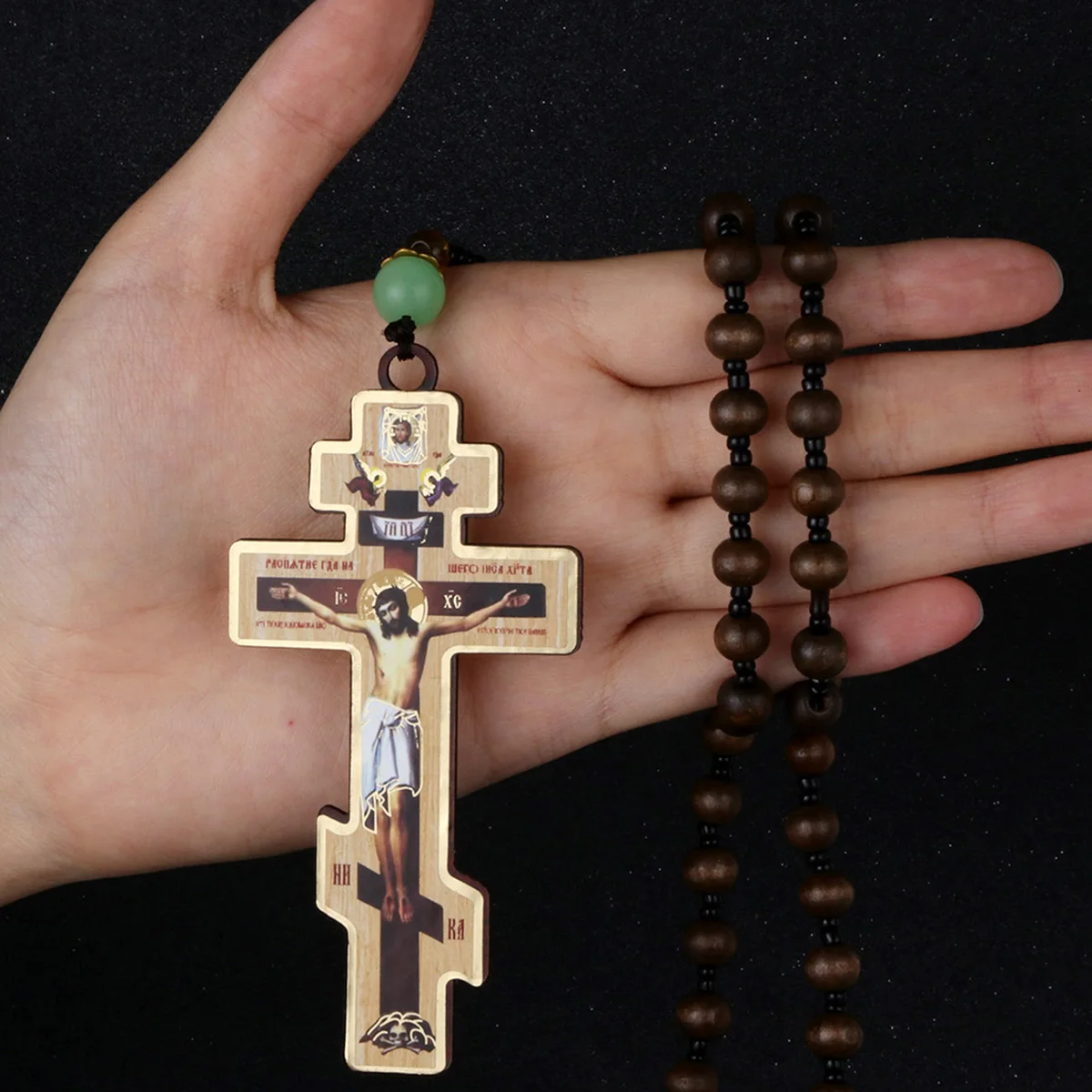 Diyalo Christian Crucifix Jesus Christ Cross Icons Pendant Necklace Orthodox Wooden Beaded Chain Necklace Car Hanging Jewelry