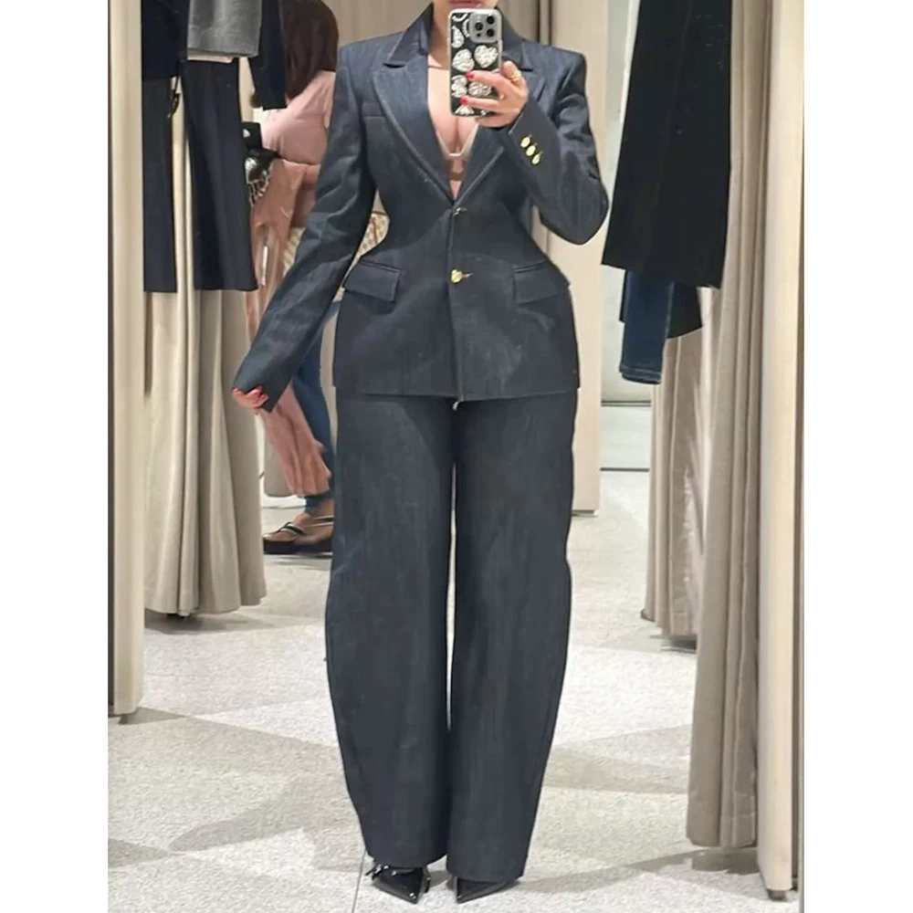 Curvy Fit Women Suit Plus Size Casual Washed Denim 2 Pieces(Jacket+Pants) Single-breasted Peak-lapel Big&Tall Slim Set