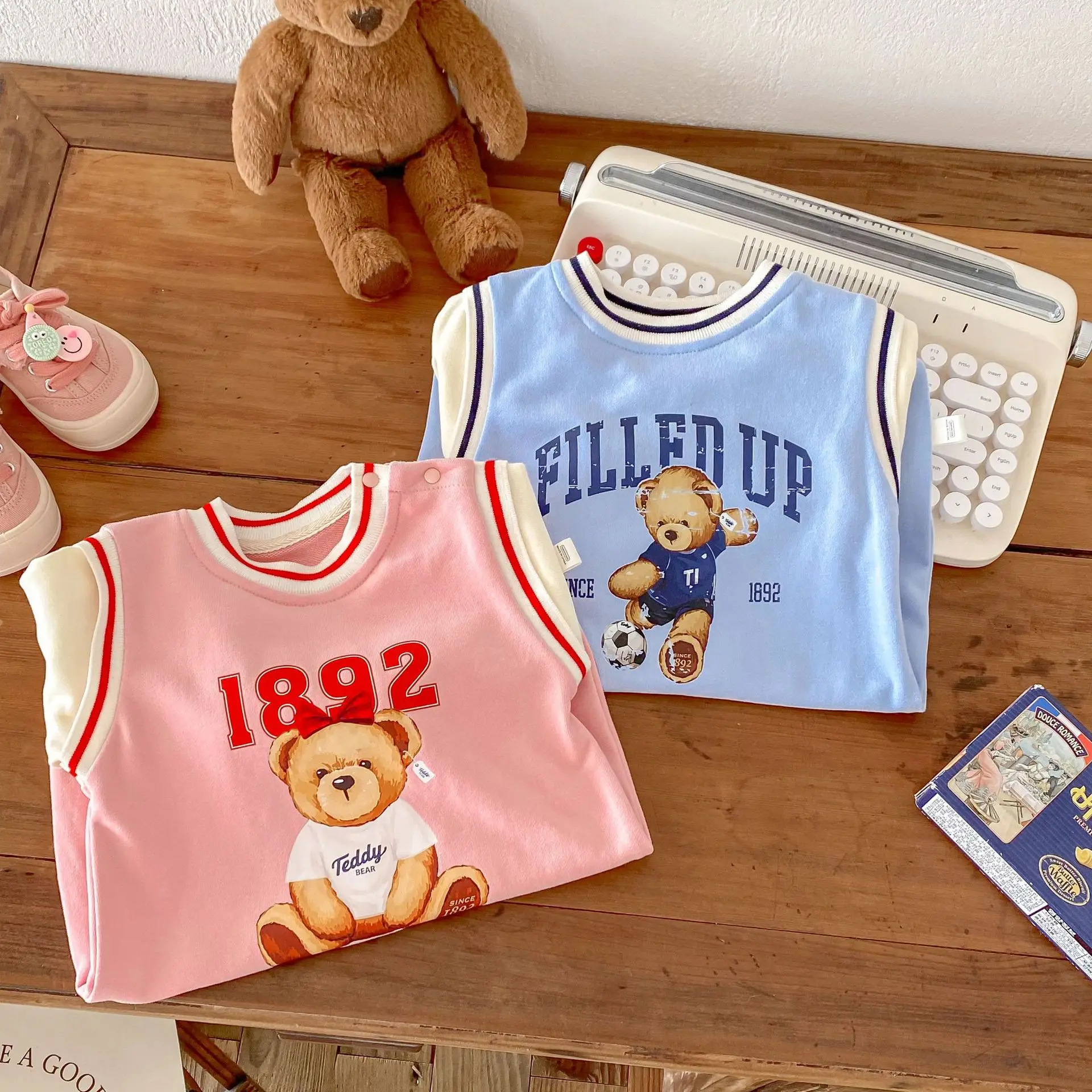 2024 Spring Autumn Infant Baby Boys Girls Patchwork Cartoon Bear Jumpsuits Toddler Kids Cute Clothing Romper Newborn 0-24M