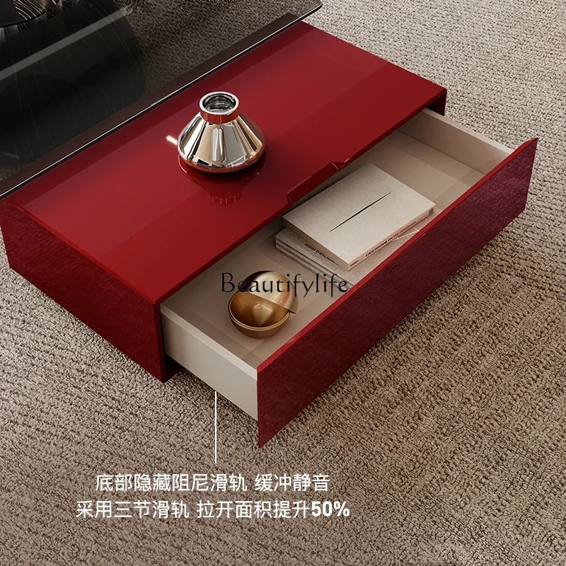 05-Italian minimalist square coffee table combination light luxury modern high-end glass large apartment