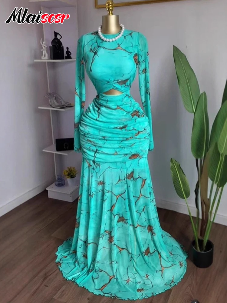 

Mlaiscsr Spring Fall O-neck Long Sleeve Hollow Out Print Mermaid Maxi Dress Women Luxury Evening Night Wedding Party Robe 2026