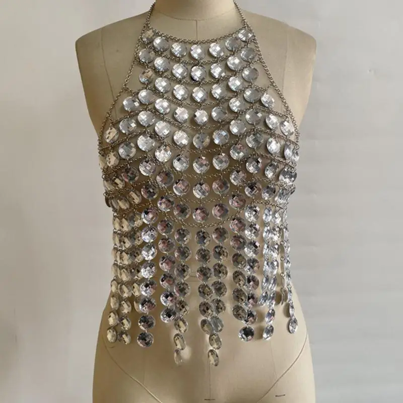 Gemstones Body Chain Camisole for Women Acrylic Crystal Tassels Backless Chest Chain Halterneck Crop Top Body Jewelry