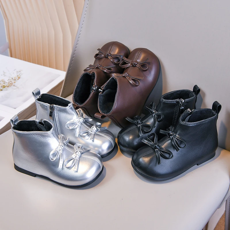 

Children Fashion Boots with Bowknot Girls Warm Ankle Boots Solid Color Kids Short Leather Boots Solid Color 2025 Winter New