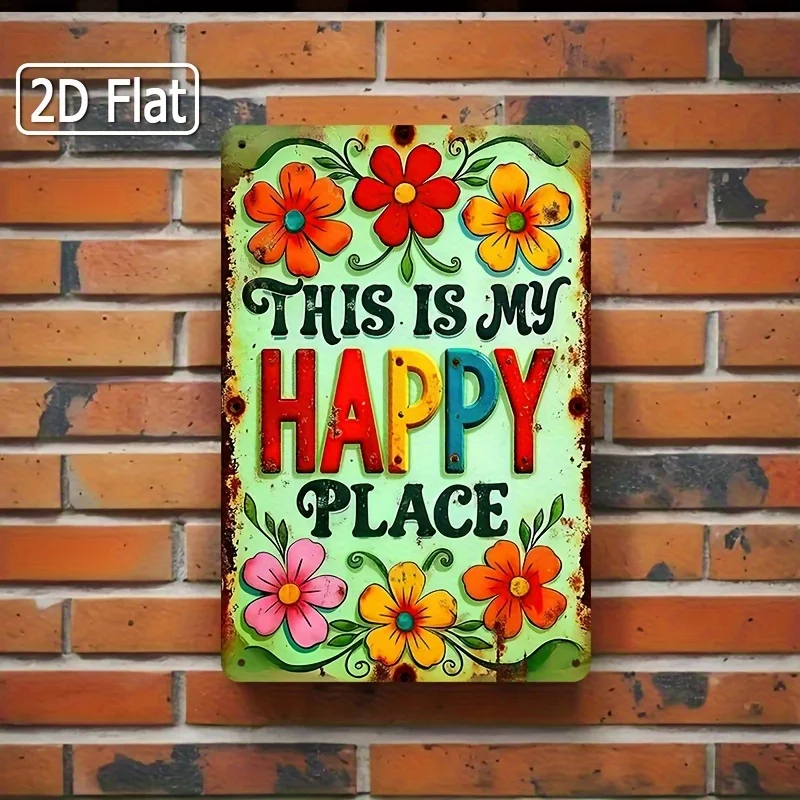This is My Happy Place Colorful Floral Metal Wall Art Sign - Rustproof Iron Inspirational Quote Decor with Vibrant Orange, Pi