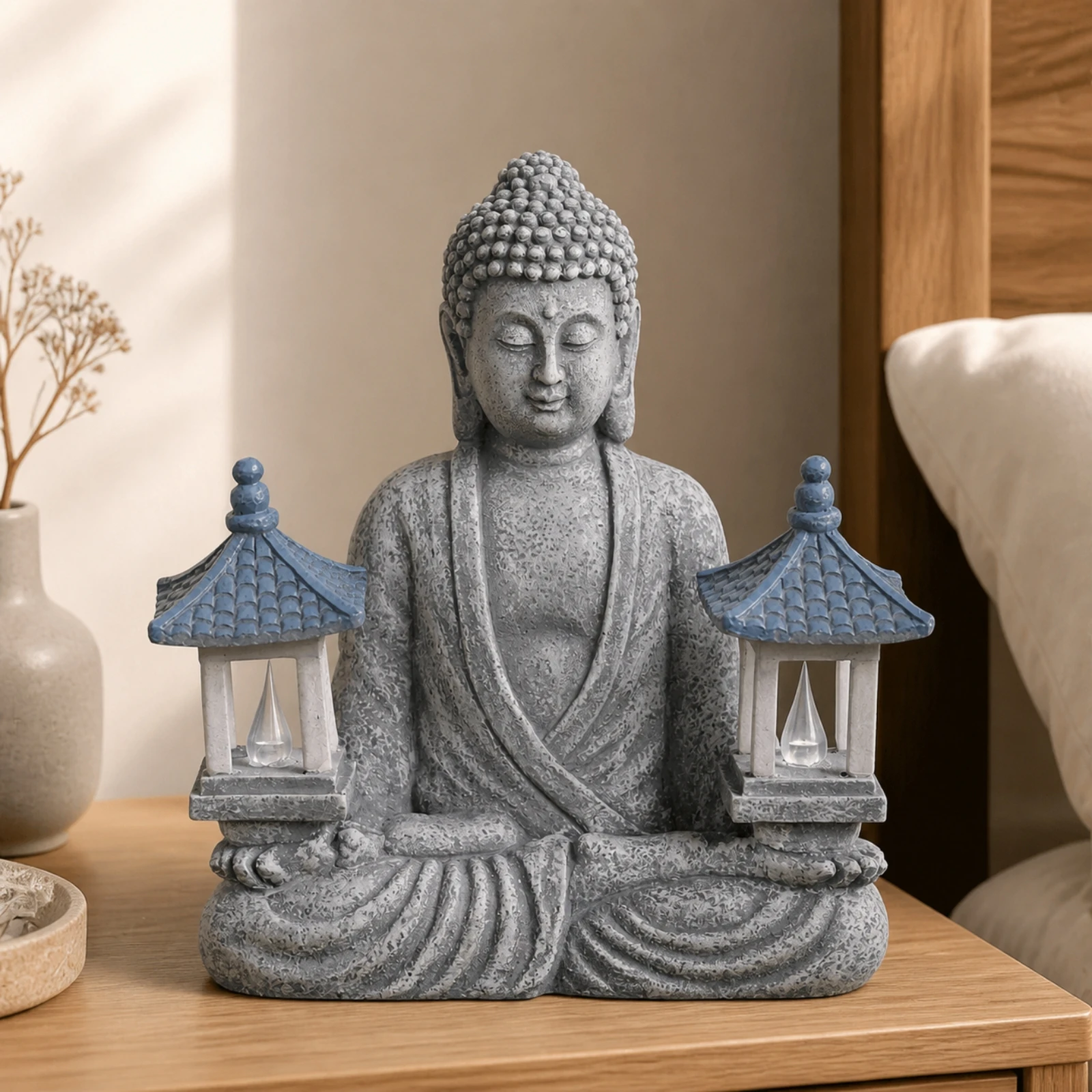 Resin Buddha Meditation Statue Stone-Like Finish Seated Buddha Statue with Lanterns Seated Meditation Figurine Peaceful