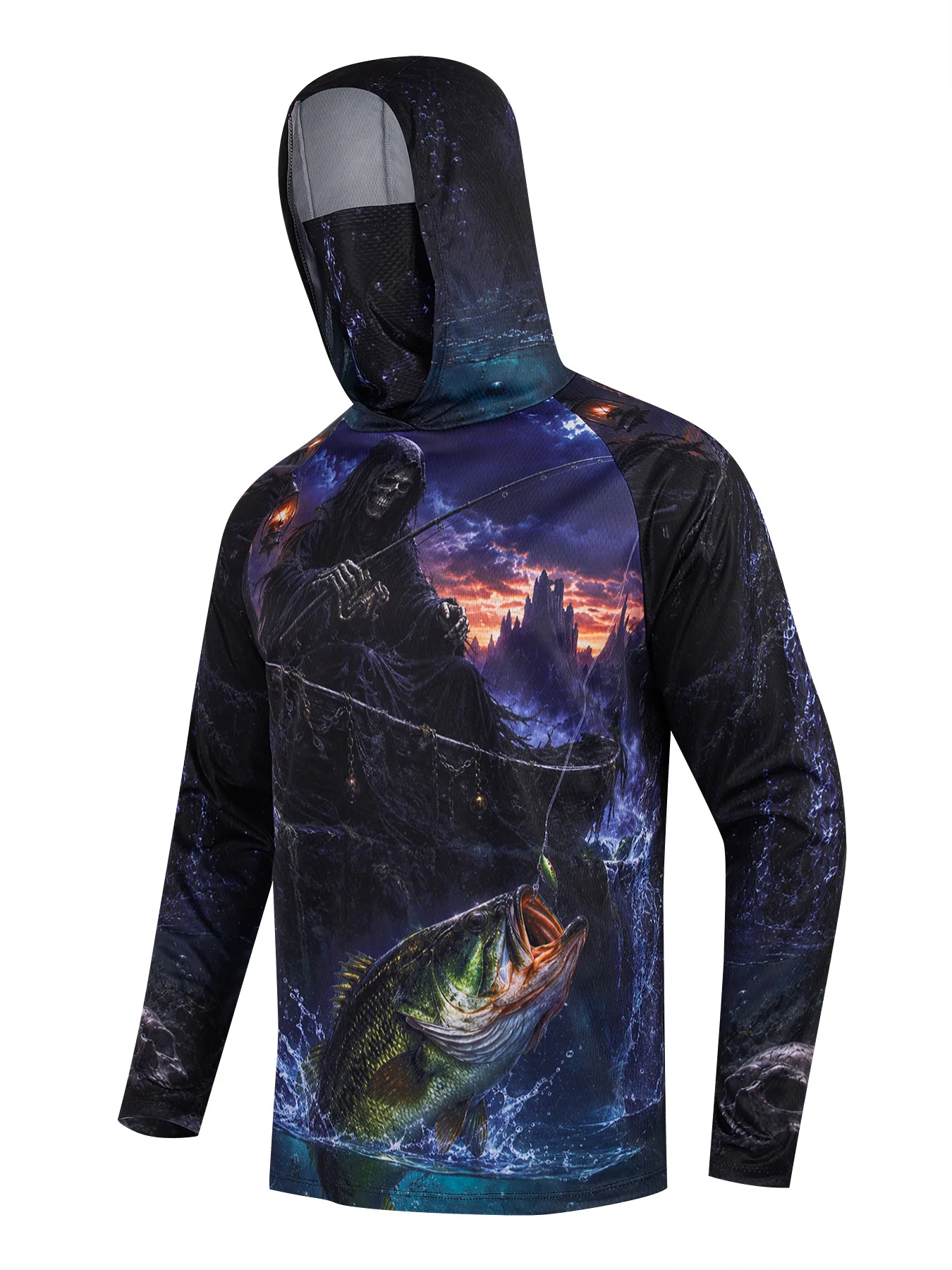 Men's Quick-Dry Fishing Sun Hoodie UV Protection with Face Mask Neck Gaiter Breathable Anti-Mosquito Outdoor Hooded Shirt