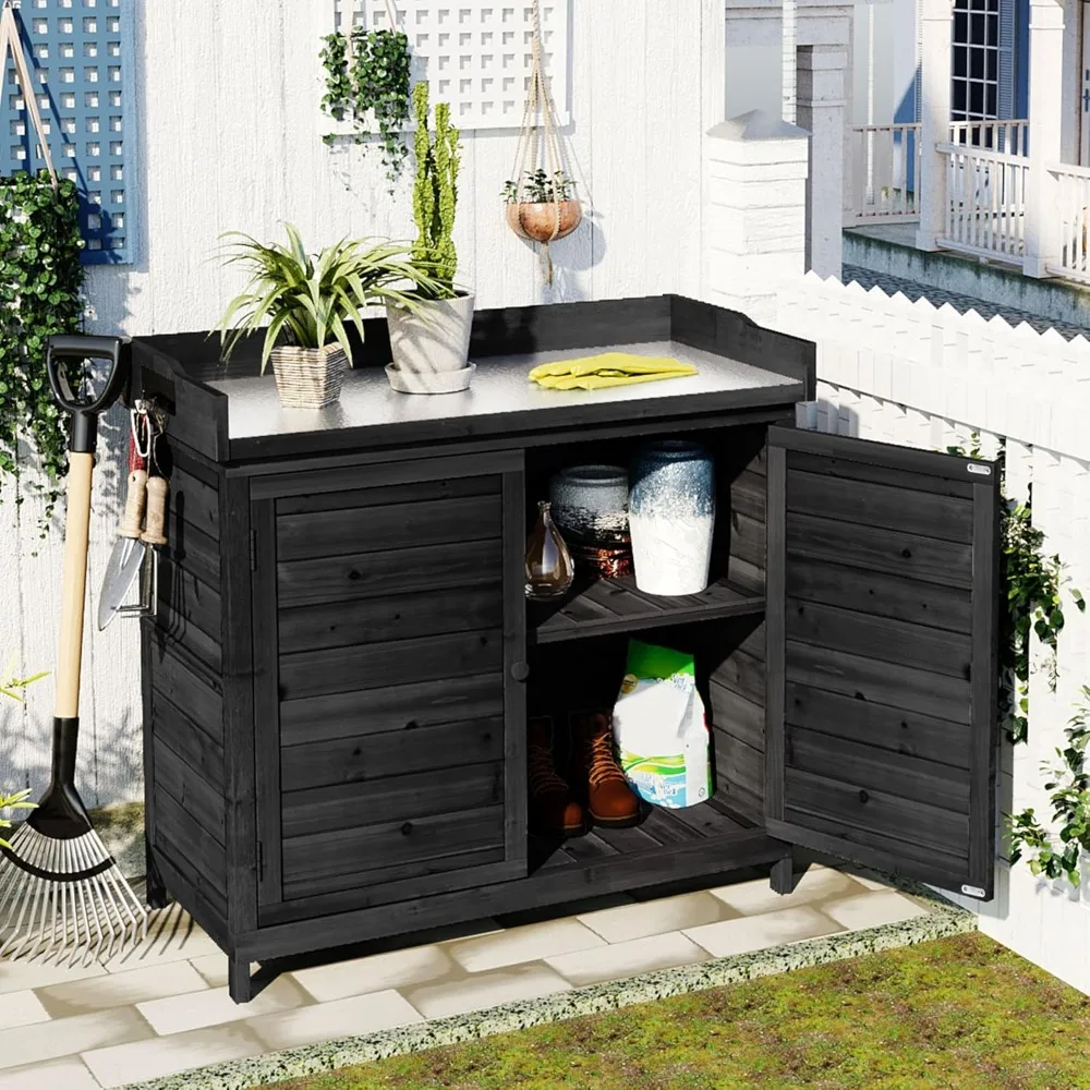 

Outdoor Potting Bench with Galvanized Metal Tabletop, Fir Wood Outdoor Garden Storage Cabinet with 2-Tier Removable Shelf