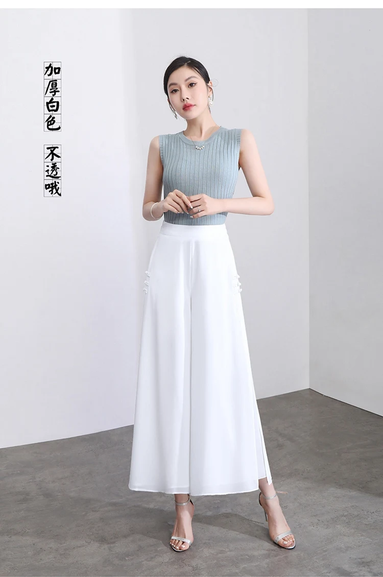 Women Side Slit Chiffon Pants Summer Thin Elastic Waist Wide Leg Pants Chic Droop Trousers Chinese Style Nine Point Pants