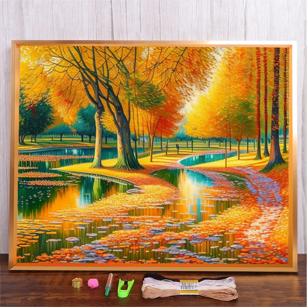 DIY Craft Cross Stitch Autumn Tree Plastic Fabric Needlework Embroidery Crafts Gifts Landscape Printed Threads Cross-Stitch Kit