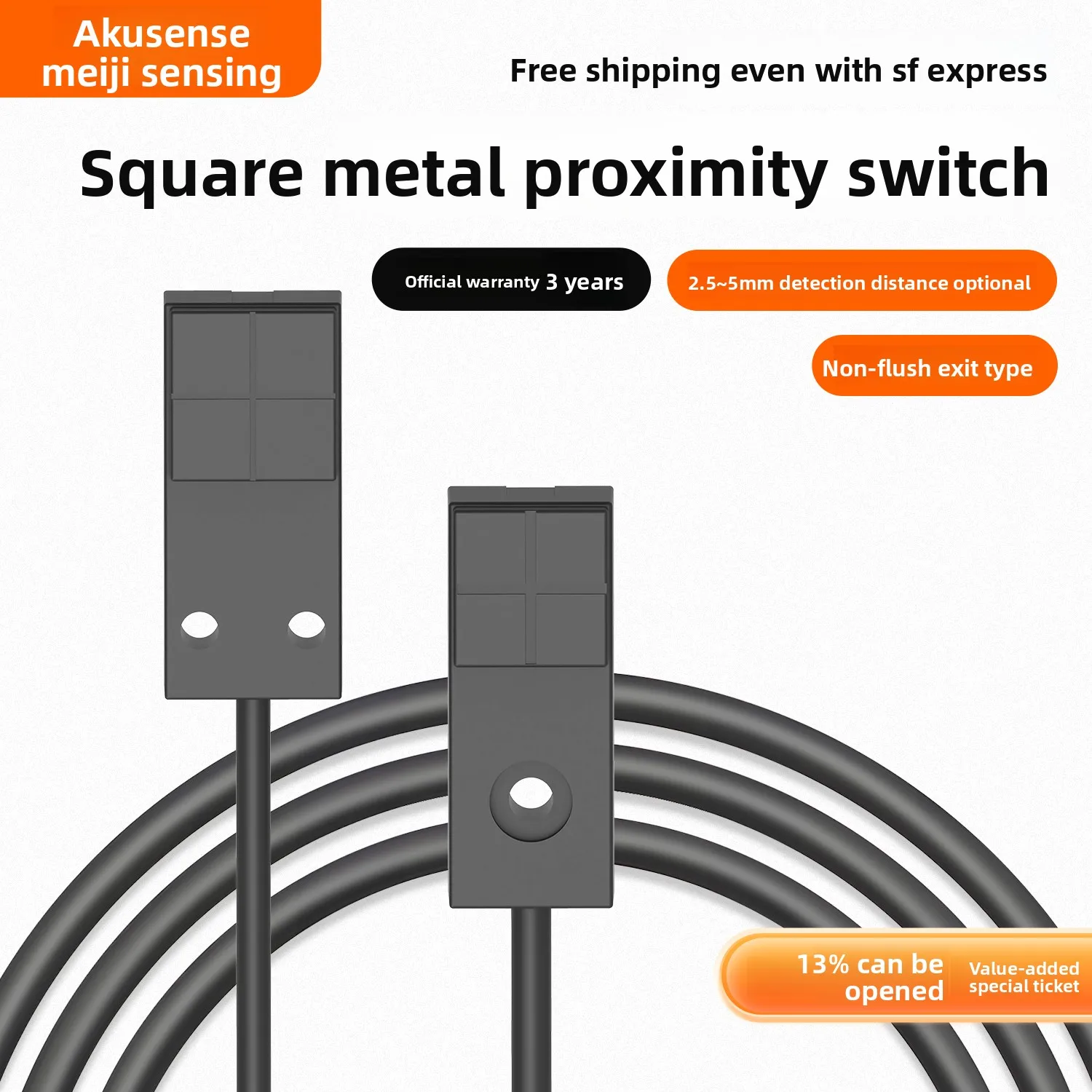 AKUSENSE TEN09-2.5NO Small Square Inductive Proximity Sensor 3-Wire Metal IP67 2.5mm Range 5V NPN NC Output PC Body