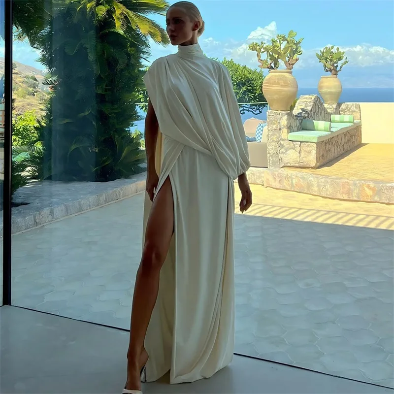 

White Prom Dress 2 Pcs Skirt Set Sexy One Sleeves High Neck Ruffles Autumn Formal Wedding Guest Robes Banquet Party Bridal Gown