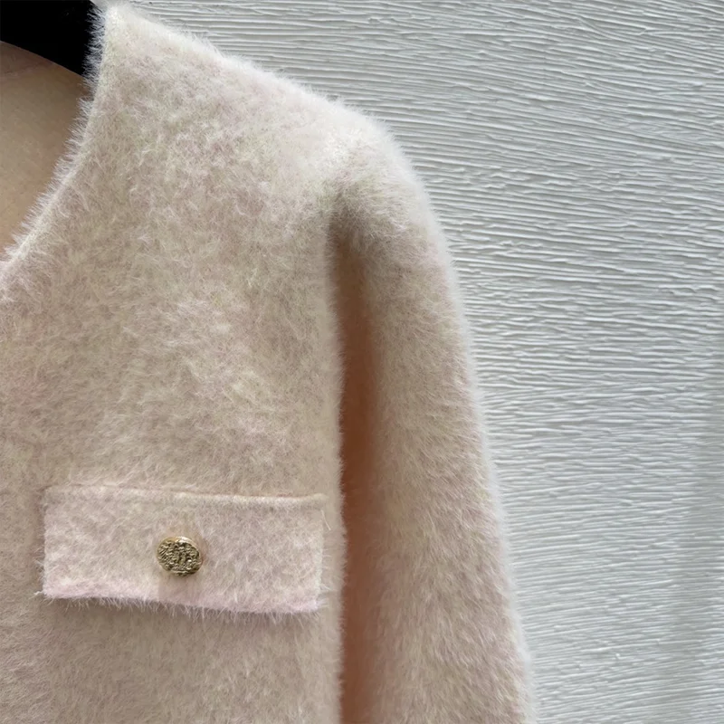 Wysokiej jakości metalowy kardigan damski z pojedynczym guzikiem, okrągłym dekoltem i ozdobnymi dużymi kieszeniami, sweter-płaszcz 251028163