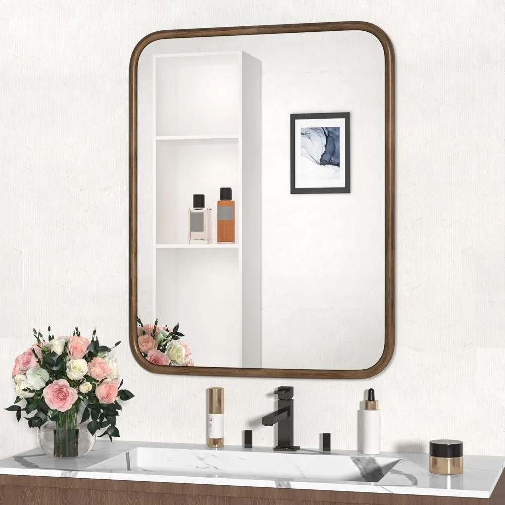 

Bathroom Mirrors 28x36 Inch Bathroom Vanity Mirror for Wall, Wood Grain Finish Frame Large Mirrors, Tempered Glass