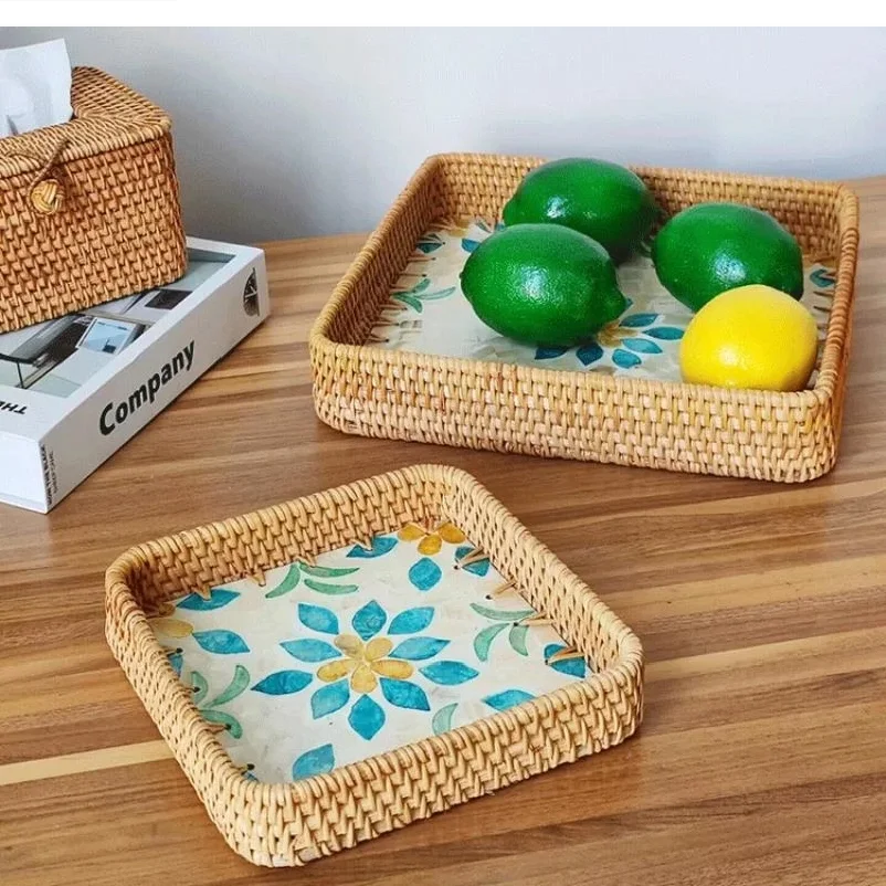 Hand Woven Splicing Shell Rattan Basket Rattan Weaving Colorful Rattan Shell Tray Decorative Household Dried Fruit Pla