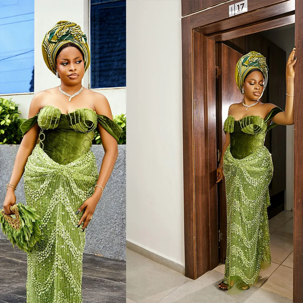 Generous Green Velvet Evening Dresses Sheath Sweetheart Sequins Nigerian Wedding Reception Dress African Prom Gowns Customized