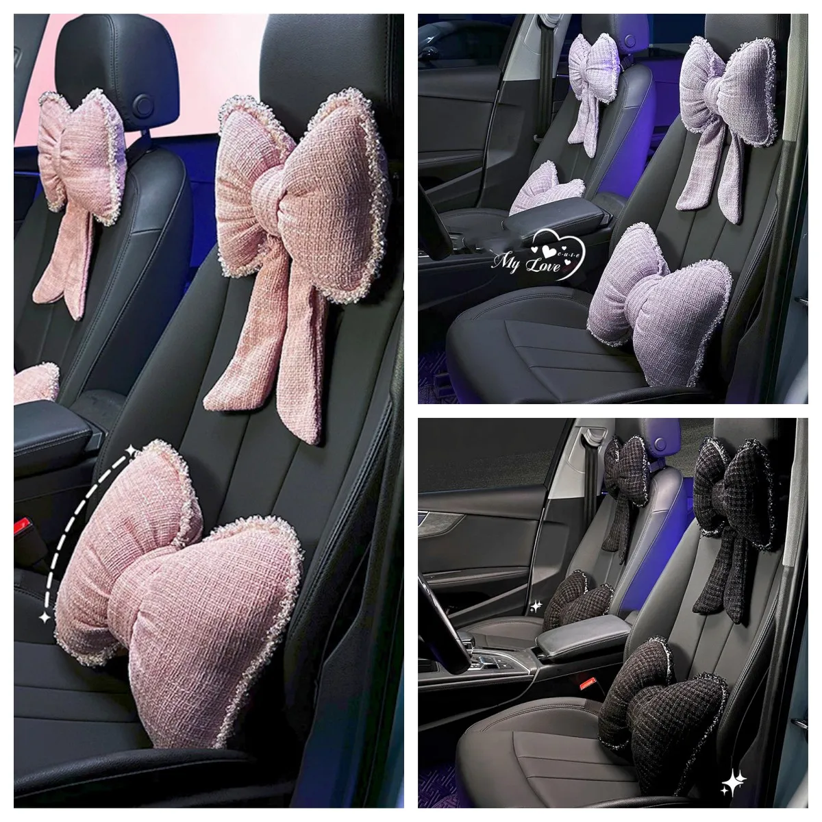 

New Car Headrest Simple Lumbar Support Pillow Summer Bowknot Neckpillow Tweed Style Fashionable Decor Car Interior Accessories
