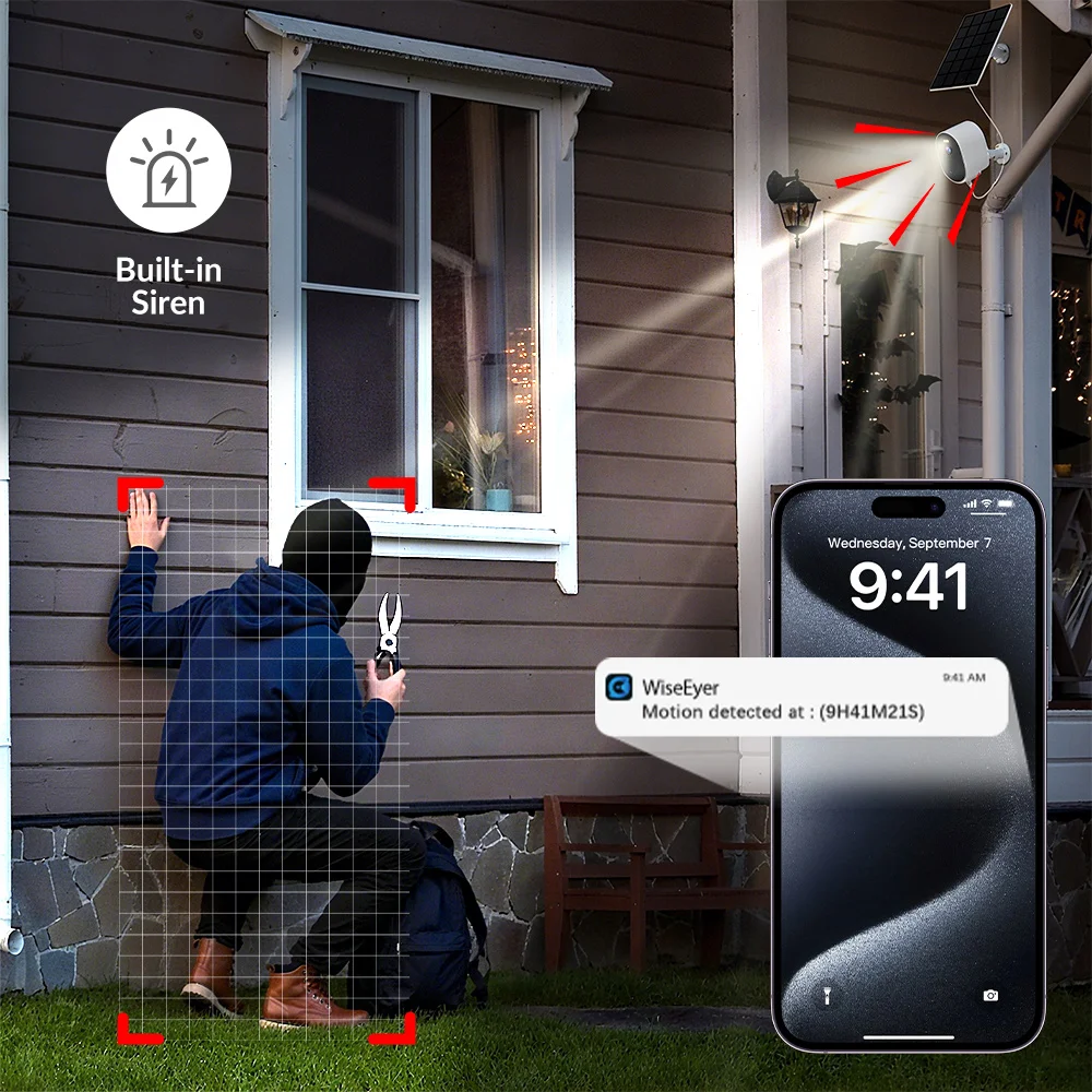 كاميرا أمان WiFi فائقة الدقة بدقة 3 ميجابكسل تعمل بالطاقة الشمسية مع رؤية ليلية ملونة صوتية ثنائية الاتجاه وكشف الحركة وبطارية قابلة لإعادة الشحن