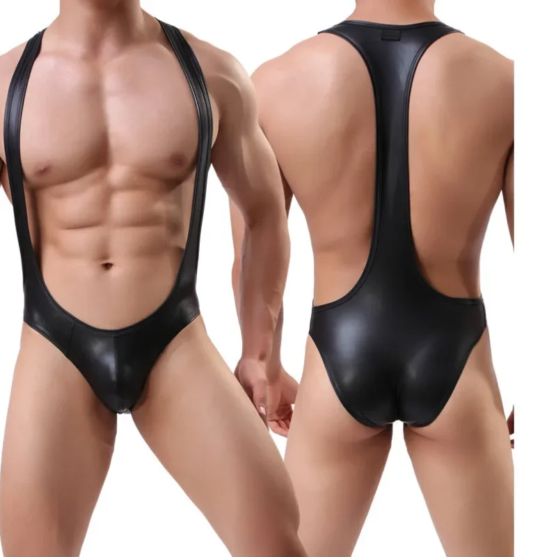 

Трусы из искусственной кожи, комбинезон, мужской сексуальный борцовский костюм, майки для геев, модное эротическое белье для ночного клуба, Homme, боди, комбинезон