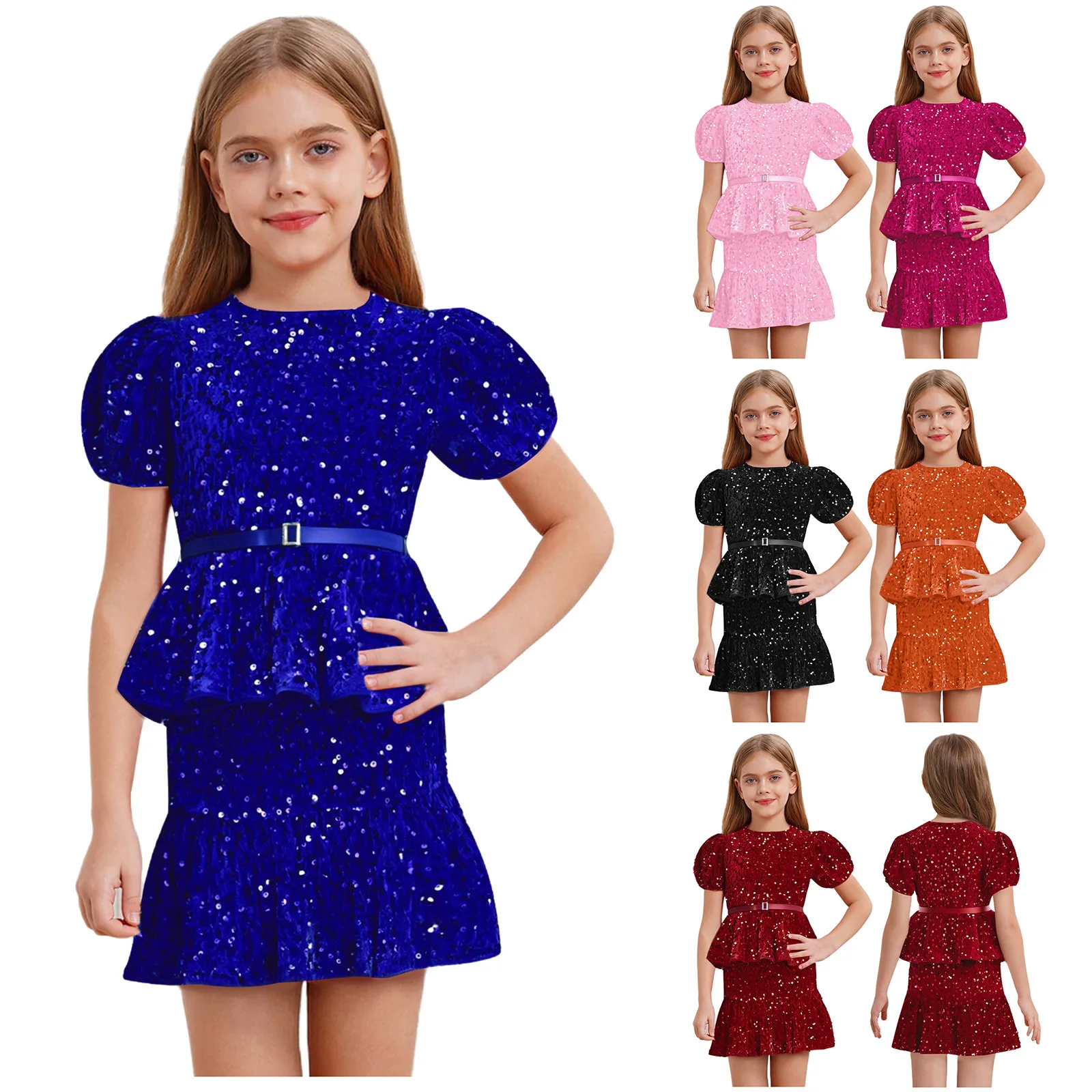 Atasan Kemeja Tanpa Lengan Puff Pendek Payet Mengkilap Elegan Anak Perempuan Remaja dengan Set Rok Mini untuk Prom Pesta Kontes Pernikahan Ulang Tahun
