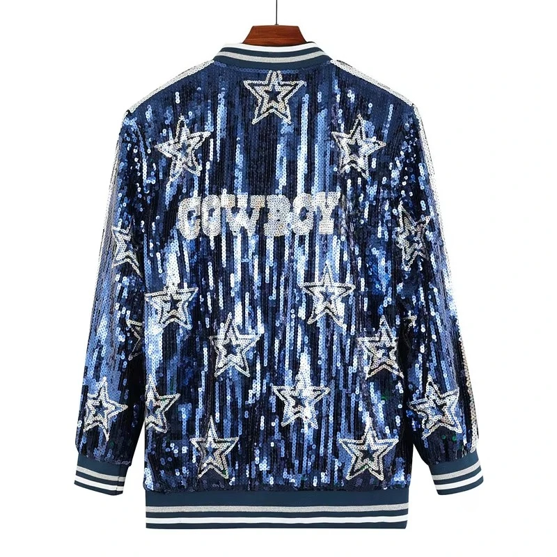 autumn New Striped long Sleeve Letter Streetwear Sequin Loose coats Women Wear Round Neck Straight female jacket