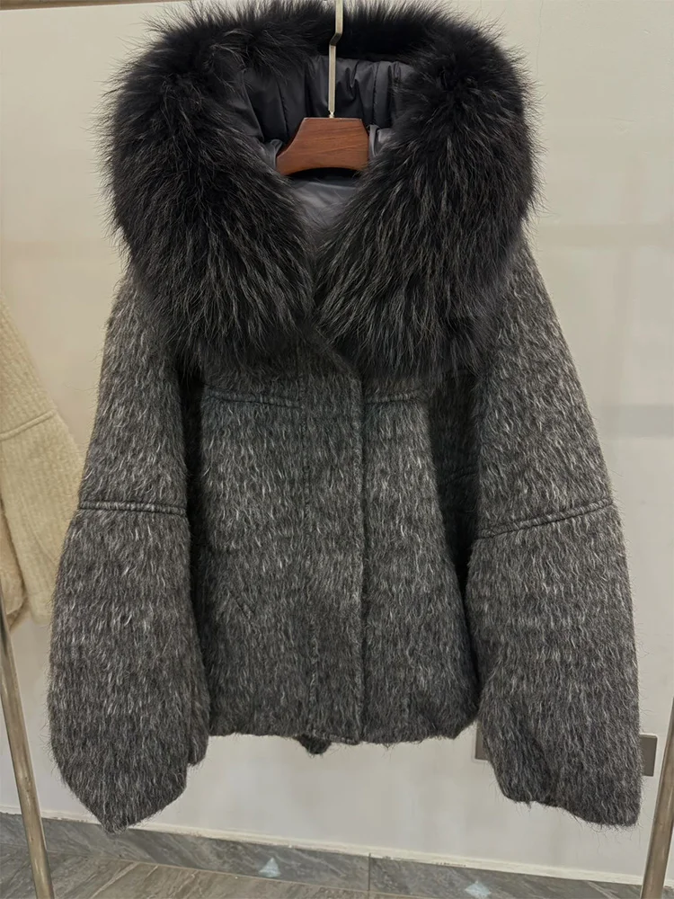 المرأة شتاء دافئ أوزة أسفل سترة الصوف السترات الصوفية ريال فوكس الفراء طوق مقنعين سميكة الإناث أبلى معطف سترة منفوخة