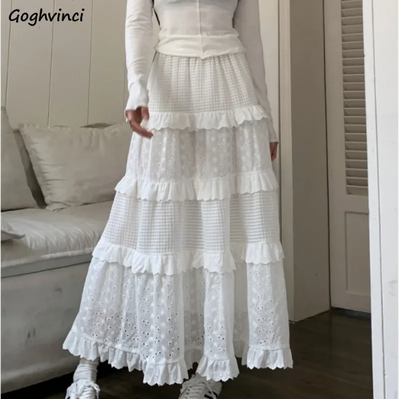 

White Long Skirts Women Ball Gown Gentle Ruffles Tender Casual Korean Fashion Clothing High Waist Girlish Soft Faldas Fairycore