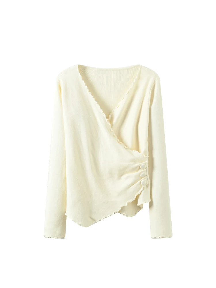 Plus Size Damen-Langarmshirt mit V-Ausschnitt und Spitzenbesatz, schlankmachendes Design, vielseitige Innenbekleidung, Herbst-Top, Polyesterfaser