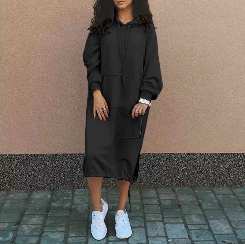 Pullover Hooded Hoodie Regular Thickness Elegant Commuter with Pocket Sweatshirt Loose Fit Wrinkle Treatment Long Hoodie
