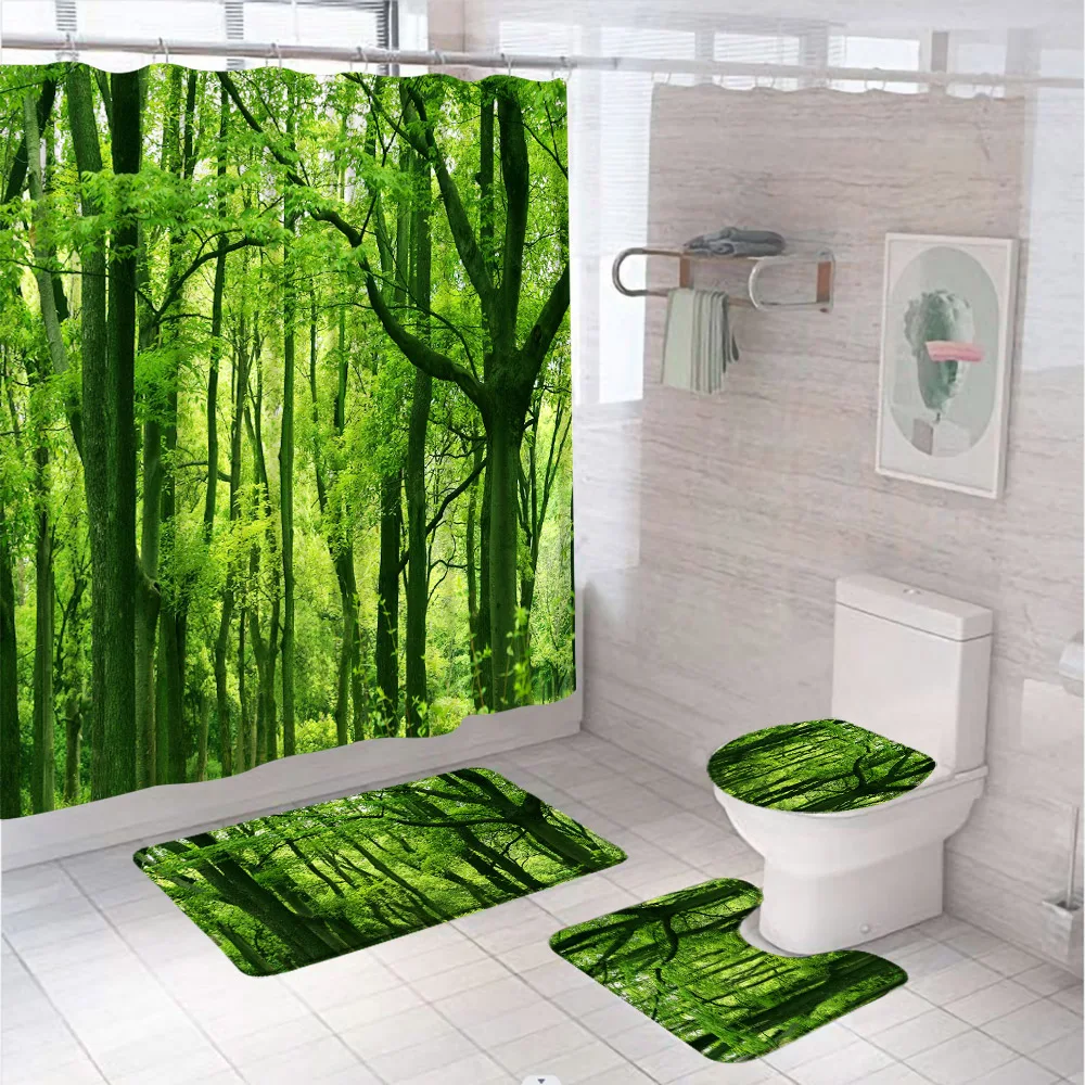 

Woodland Shower Curtain Sets Redwood Tree Rain Forest Tropical Scenic Wild Nature Bathroom Screen Rug Toilet Seat Cover Bath Mat